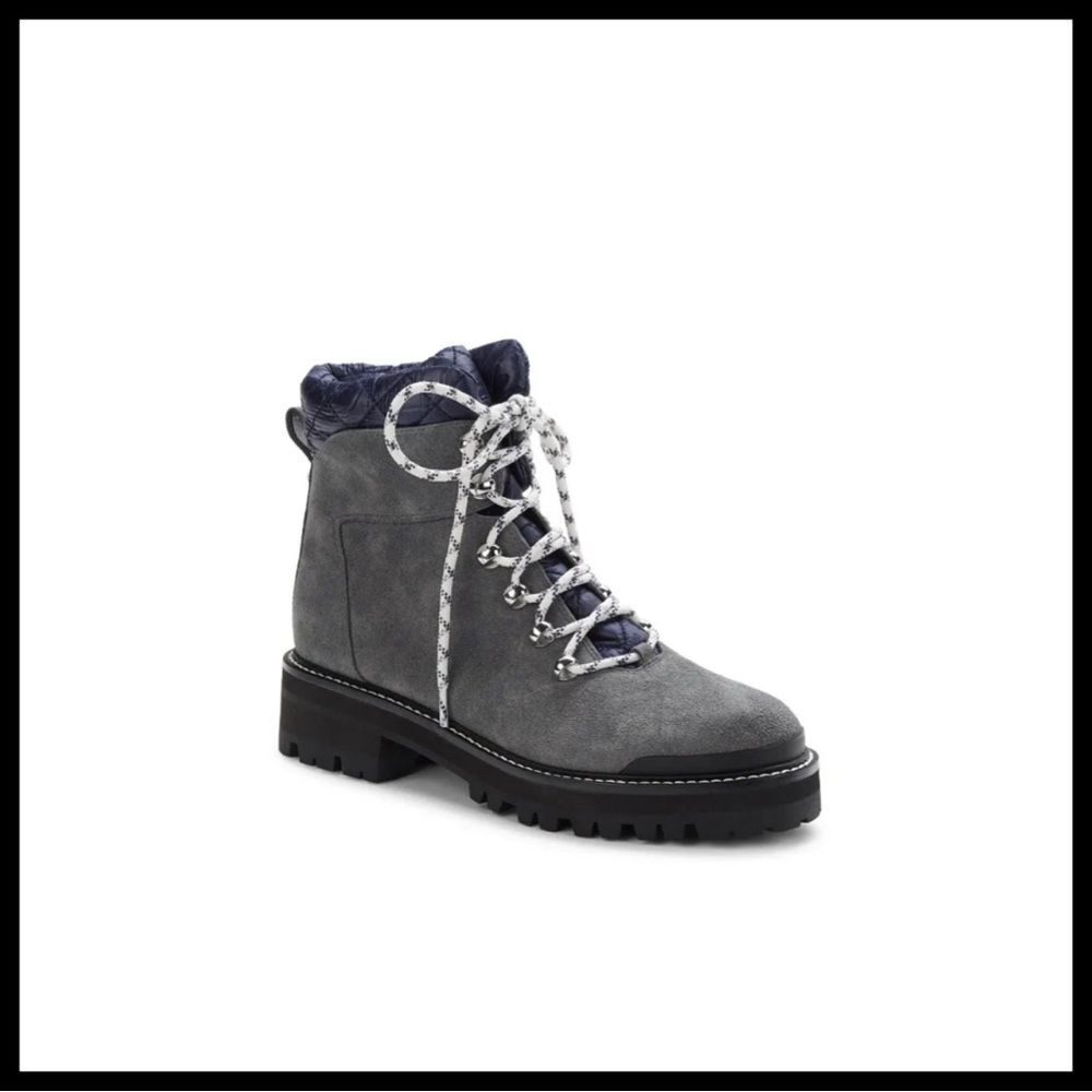 Marc Fisher Faux Suede Boots Gray With Blue Quilted Collar